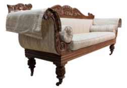 WILLIAM IV 19TH CENTURY MAHOGANY RE-UPHOLSTRED SCROLLED END SETTEE SOFA