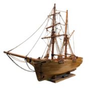 EARLY TO MID 20TH CENTURY HAND BUILT WOODEN MODEL OF SHOONER ON STAND