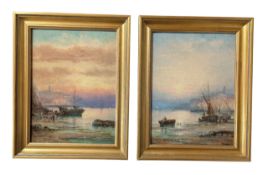 WILLIAM ANSLOW THORNLEY (1857-1898) - PAIR OF OIL ON BOARD PAINTINGS DEPICTING BEACHED SHIPS
