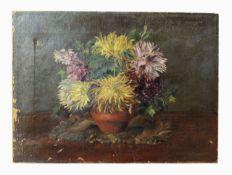 19TH CENTURY ENGLISH SCHOOL OIL ON CANVAS STILL LIFE PAINTING OF CHRYSANTHEMUMS