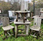 SMALL SQUARED WOODEN PUB GARDEN TABLE WITH THREE DRIFTWOOD-STYLE CHAIRS