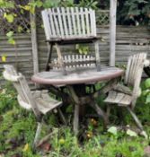 WOODEN & IRON-BOUND ROUND PUB GARDEN TABLE WITH FOUR BENCH SEATS