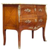 FRENCH LOUIS XV INSPIRED FRUITWOOD & MARQUETRY MARBLE TOP BOMBE COMMODE