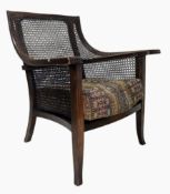 HIGH GEORGIAN REVIVAL MAHOGANY & RATTAN BERGERE LIBRARY ARMCHAIR