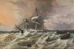 BRITISH 19TH CENTURY MARITIME SCHOOL - AN OIL ON CANVAS PAINTING OF A SHIP'S SINKING