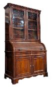 19TH CENTURY FLAME MAHOGANY ROLL TOP CYLINDER SECRETAIRE BOOKCASE CABINET