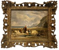 JOHN VARLEY (1778-1842) - FIGURES ON A BEACH - OIL ON BOARD LANDSCAPE PAINTING