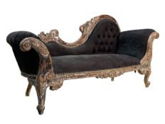 BAROQUE STYLE CARVED WOOD & DRALON SCROLLED END CHAISE LOUNGE