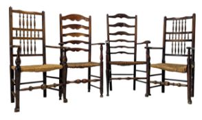 FOUR NORTH COUNTRY 19TH CENTURY OAK & RUSH SEAT CLISSET HIGH BACK CHAIRS