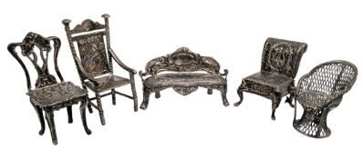 COLLECTION OF HALLMARKED SILVER MINIATURE DOLL HOUSE LOVE SEAT & CHAIRS