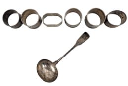 GEORGE III HALLMARKED SILVER LADLE & 5 HALLMARKED SILVER NAPKIN RINGS