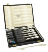 CASED HALLMARKED SILVER HANDLED KNIVES & A DANISH TWO TINE FORK