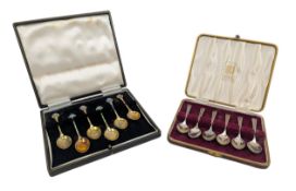 TWO CASES SET OF HALLMARKED SILVER & GILT & ENAMELED TEASPOONS
