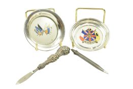 EARLY 20TH CENTURY VANITY NAIL TOOL & TWO SILVER RIMMED TRINKET DISHES