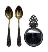 PAIR OF RUSSIAN GILT SILVER & ENAMELED TEASPOONS