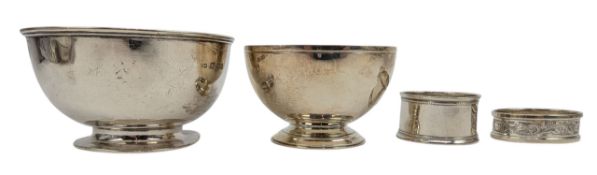 TWO 20TH CENTURY HALLMARKED SILVER BOWLS & SILVER NAPKIN RINGS
