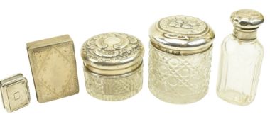 GEORGE III HALLMARKED SILVER PILL BOX & SILVER & GLASS VANITY BOTTLES