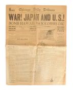 ORIGINAL WWII 1941 PEARL HARBOUR HEADLINE CHICAGO DAILY TRIBUNE NEWSPAPER