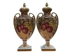 ROYAL WORCESTER MANNER - PAIR OF STILL LIFE STUDY OF FRUIT VASE / URNS