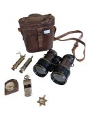 COLLECTION OF 20TH CENTURY WHISTLES, COMPASSES, AND A PAIR OF BINOCULARS