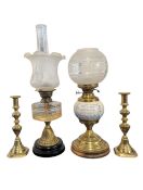 EARLY 20TH CENTURY VINTAGE BRASS OIL LAMPS AND CANDLESTICK HOLDERS