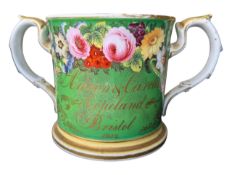 MID 19TH CENTURY ENGLISH PORCELAIN TWIN HANDLED LOVING CUP / MARRIAGE CUP