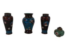 THREE JAPANESE MEIJI CLOISONNE VASES & CHINESE CENSOR