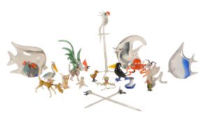 COLLECTION OF MID CENTURY ART GLASS ANIMALS AND MURANO STYLE PAPERWEIGHTS