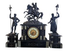 LATE 19TH CENTURY SLATE MANTEL CLOCK WITH SPELTER FIGURE DECORATIONS