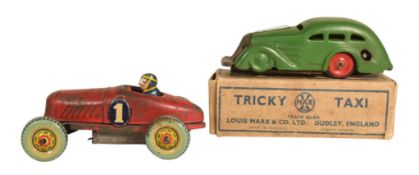 CLOCKWORK TOYS - LOUIS MARX TRICKY TAXI & VINTAGE RACE CAR