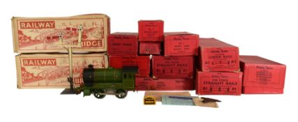 MODEL RAILWAY - HORNBY O GAUGE CLOCKWORK LOCO TRACK & WAGONS