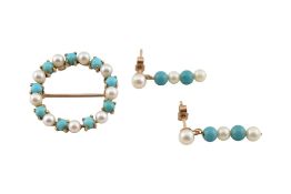 9CT GOLD TURQUOISE & PEARL BROOCH & EARRINGS SET