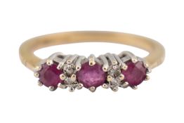 HALLMARKED 9CT GOLD RUBY & DIAMOND THREE STONE RING