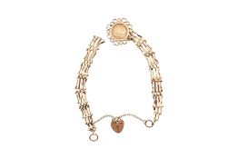 HALLMARKED 9CT GOLD GATE LINK BRACELET & COIN PENDANT