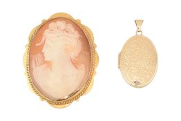 HALLMARKED 9CT GOLD MOUNTED CAMEO BROOCH & LOCKET