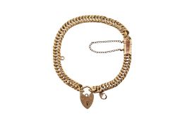 15CT GOLD FANCY LINK BRACELET & 9CT HEART PADLOCK