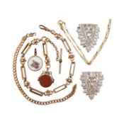 ASSORTED JEWELLERY CHAINS INCLUDING ANTIQUE WATCH CHAIN DRESS CLIPS