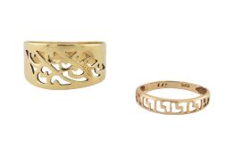 TWO 14CT GOLD PIERCED BAND RINGS