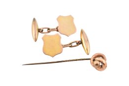 ANTIQUE 9CT GOLD ARMORIAL SHIELD CUFFLINKS & STICK PIN