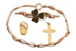 9CT GOLD SHAMROCK BROOCH, BRACELET & T/W A GOLD CROSS PENDANT & TOOTH