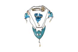 ART NOUVEAU SILVER NECKLACE AF & MOSAIC ROMA BEE BROOCH