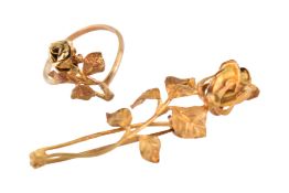 VINTAGE 14CT GOLD ROSE RING & BROOCH PIN