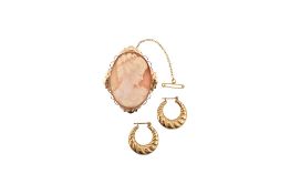 PAIR OF 9CT GOLD CREOLE EARRINGS & CAMEO BROOCH