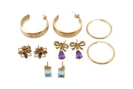 COLLECTIN OF 9CT GOLD & GEM SET EARRINGS