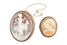 TWO 9CT GOLD MOUNTED CAMEO BROOCH PINS