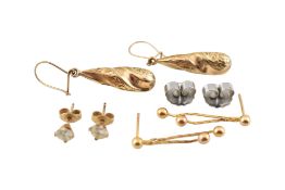 THREE PAIRS OF YELLOW METAL EARRINGS