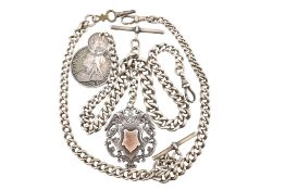 TWO SILVER ALBERT WATCH CHAIN AND FOBS