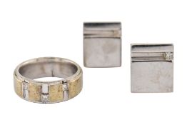 9CT GOLD & DIAMOND RING WITH MATCHED SILVER CUFFLINKS