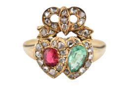 19TH CENTURY VICTORIAN EMERALD & DIAMOND TWIN HEART RING