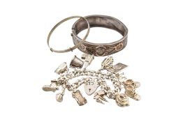 COLLECTION OF SILVER JEWELLERY - BANGLES & CHARM BRACELET
